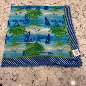 Coach Beach Scene with Sailboats Blue and Green Scarf, NWT
